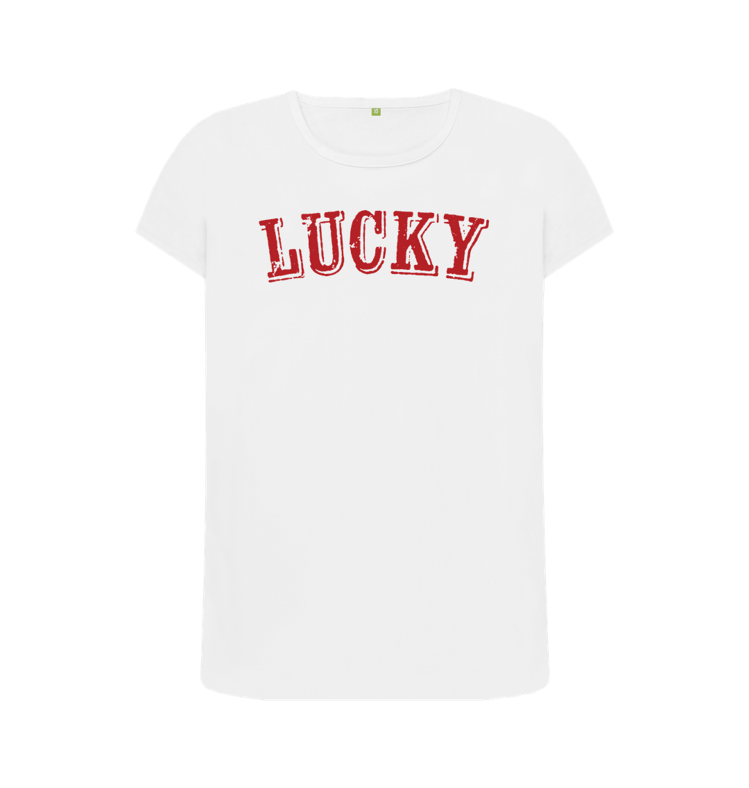 White BE LUCKY T IN CORNELL UNIVERSITY RED - WOMENS CREW NECK T-SHIRT