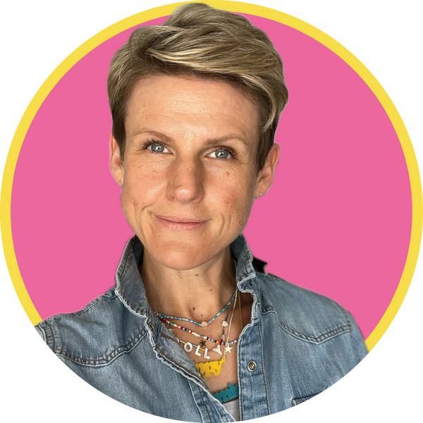 Picture of Pollyanna with a pink circle behind her within a yellow circle.