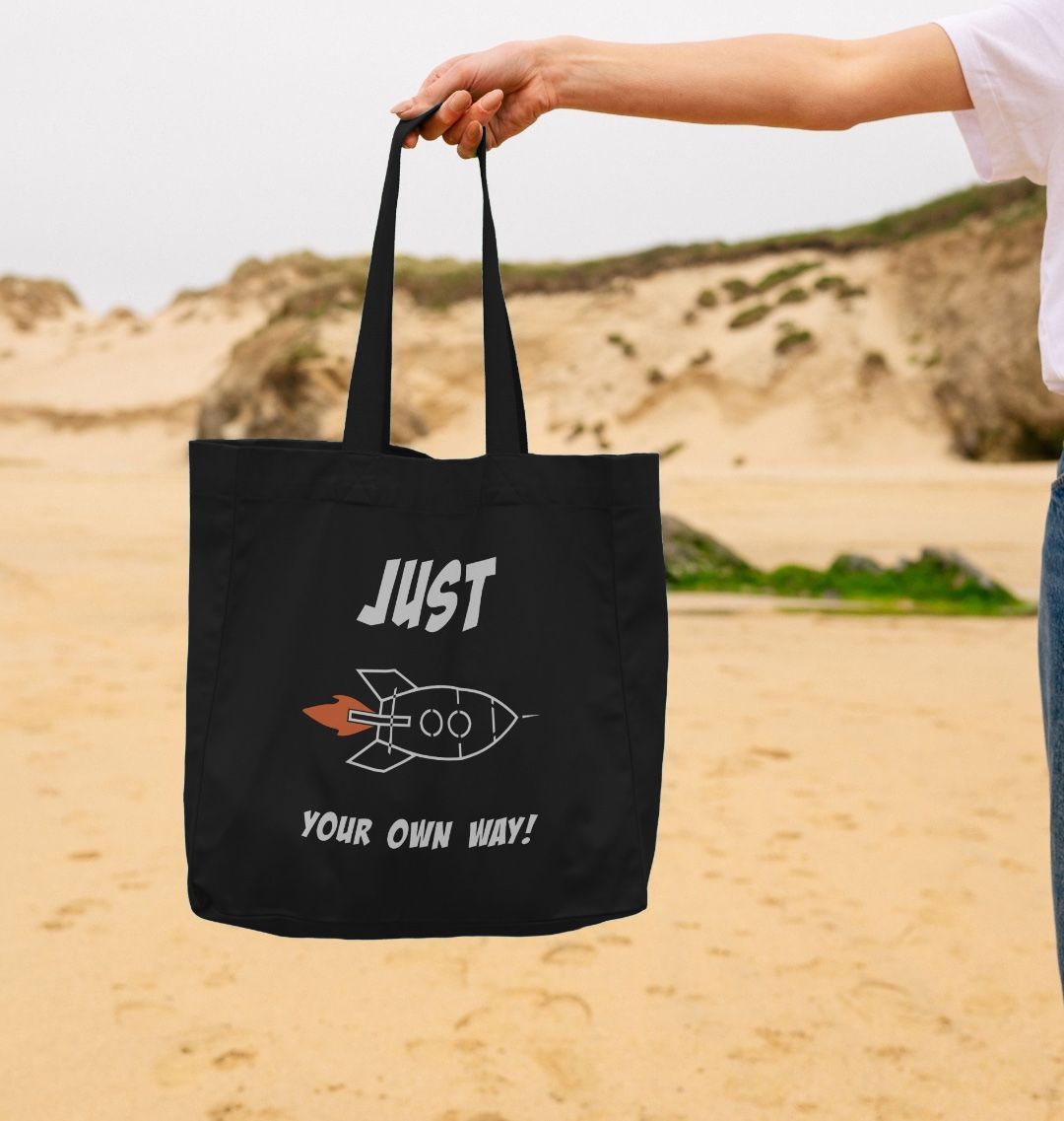 JUST ROCKET YOUR OWN WAY LARGE SHOPPER TOTE BAG (BLACK)