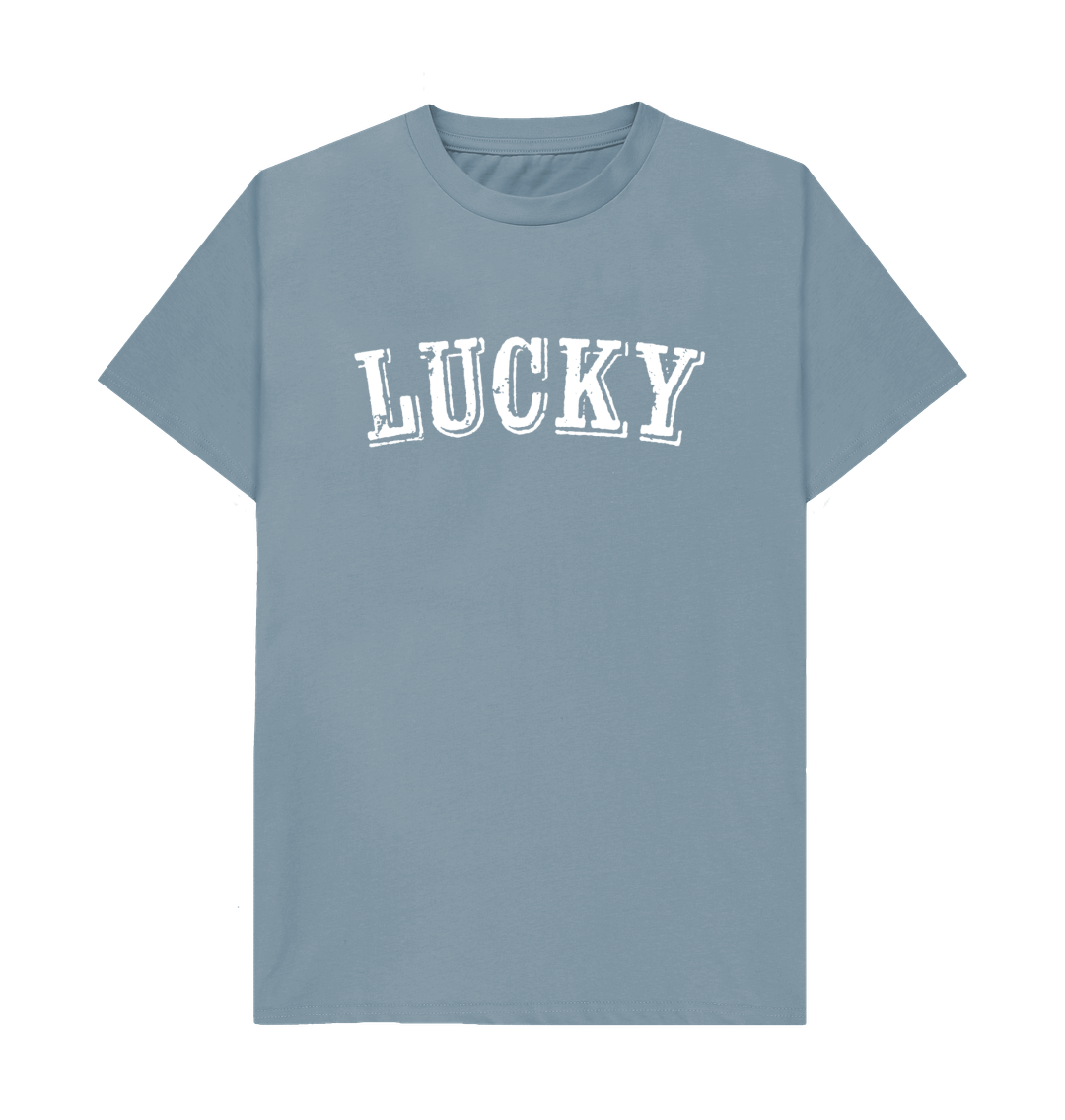 Stone Blue BE LUCKY MENS T-SHIRT WITH WHITE LOG