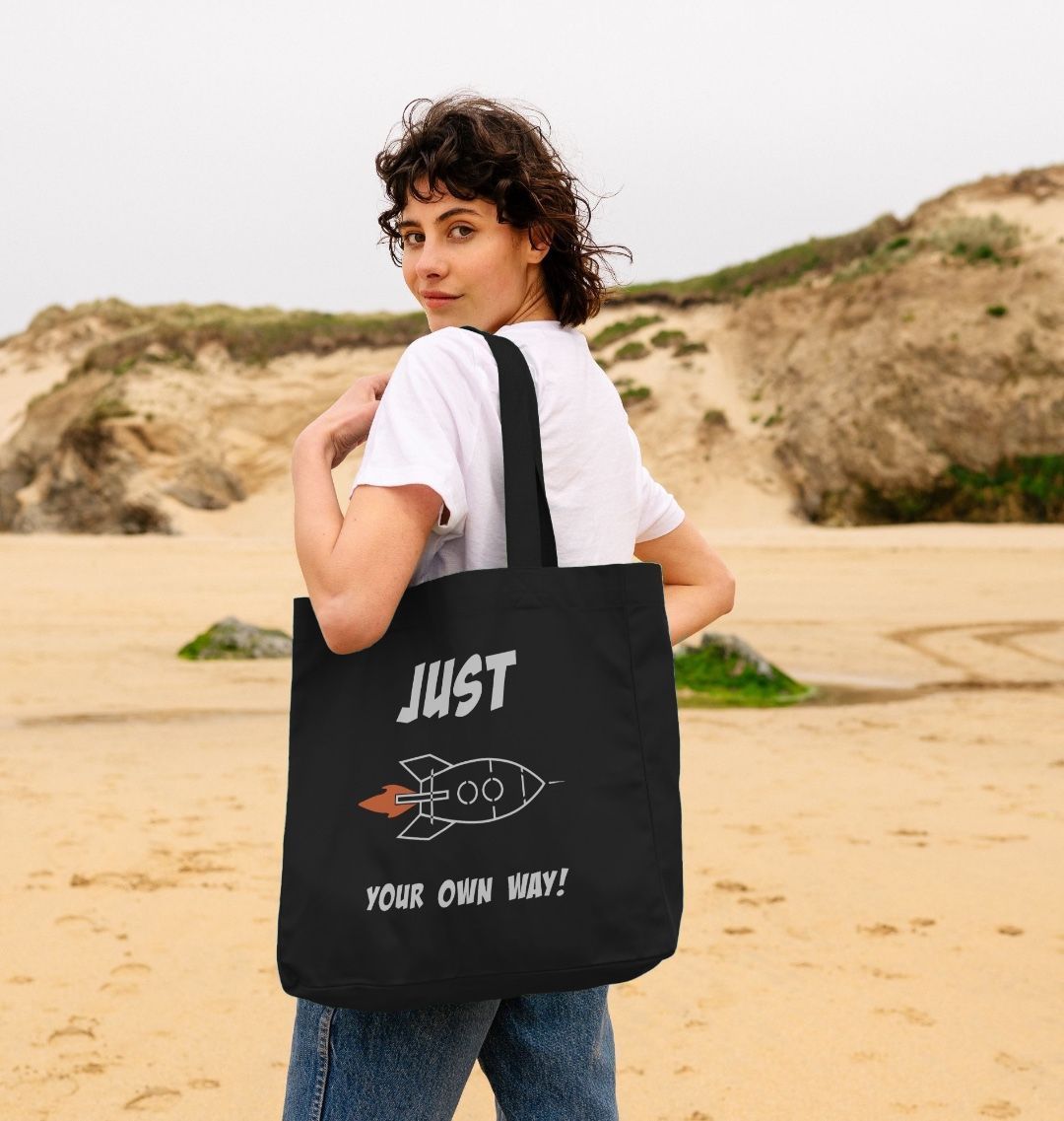 JUST ROCKET YOUR OWN WAY LARGE SHOPPER TOTE BAG (BLACK)
