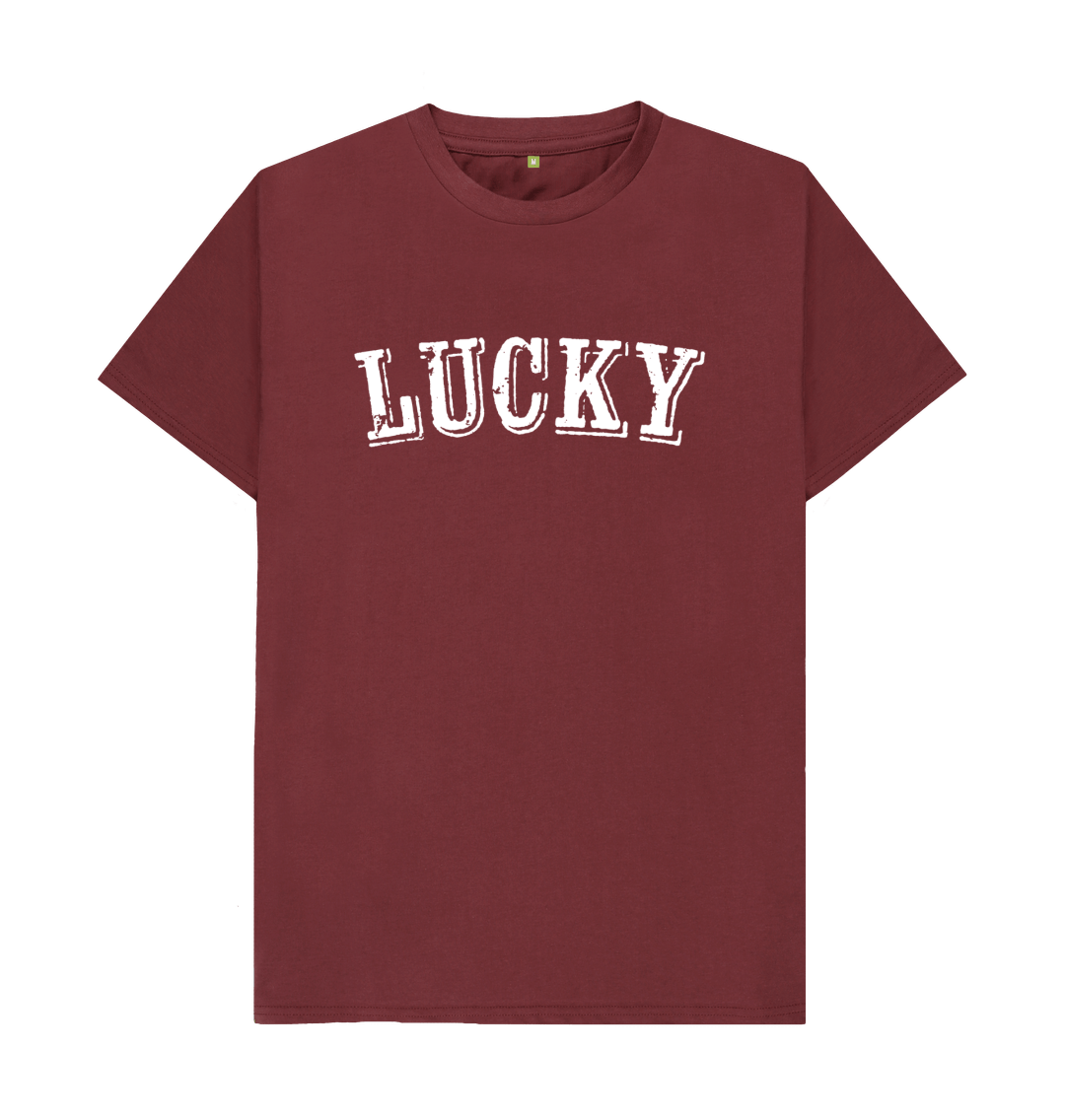 Red Wine BE LUCKY MENS T-SHIRT WITH WHITE LOG