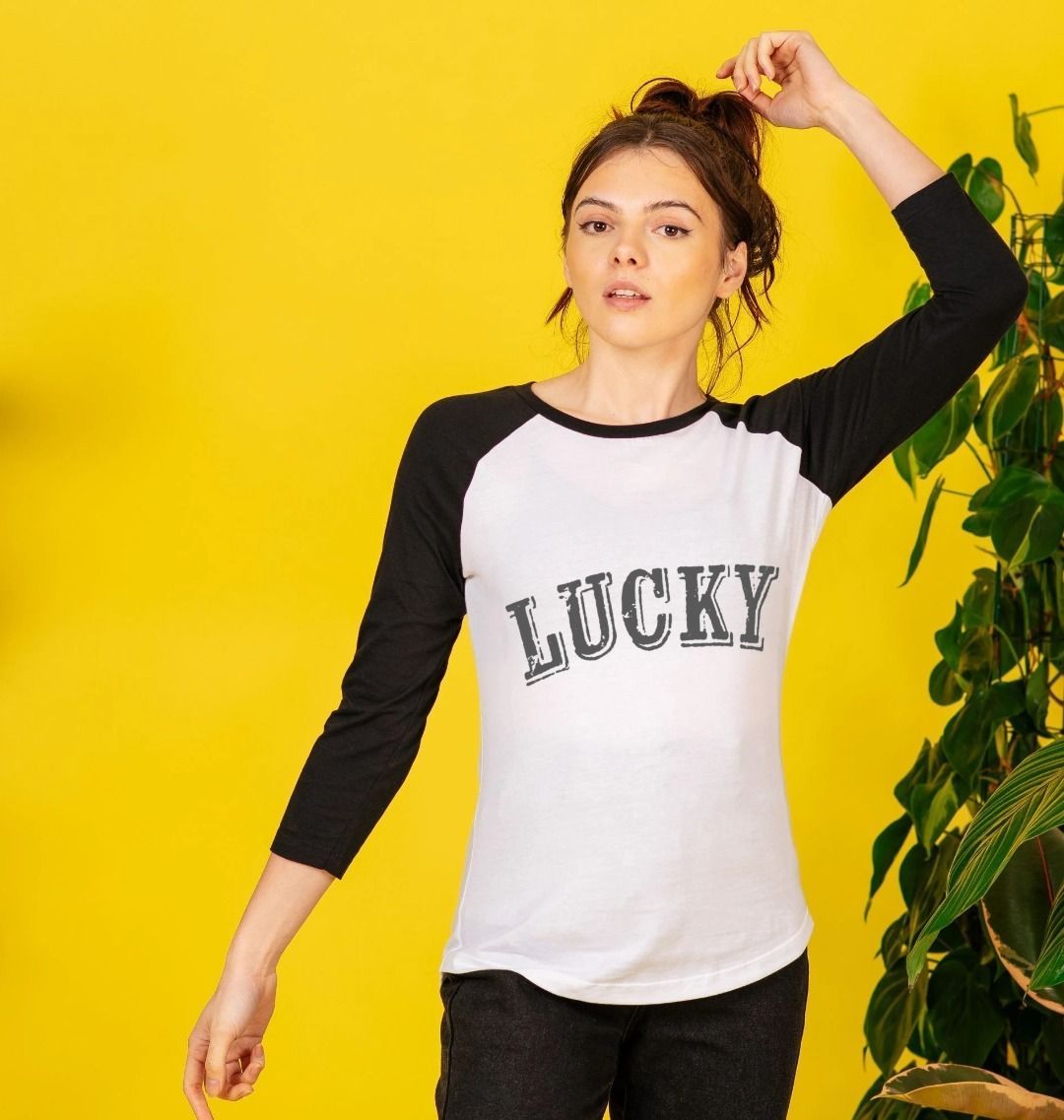 WOMENS BLACK LONG SLEEVED LUCKY RAGLAN T-SHIRT