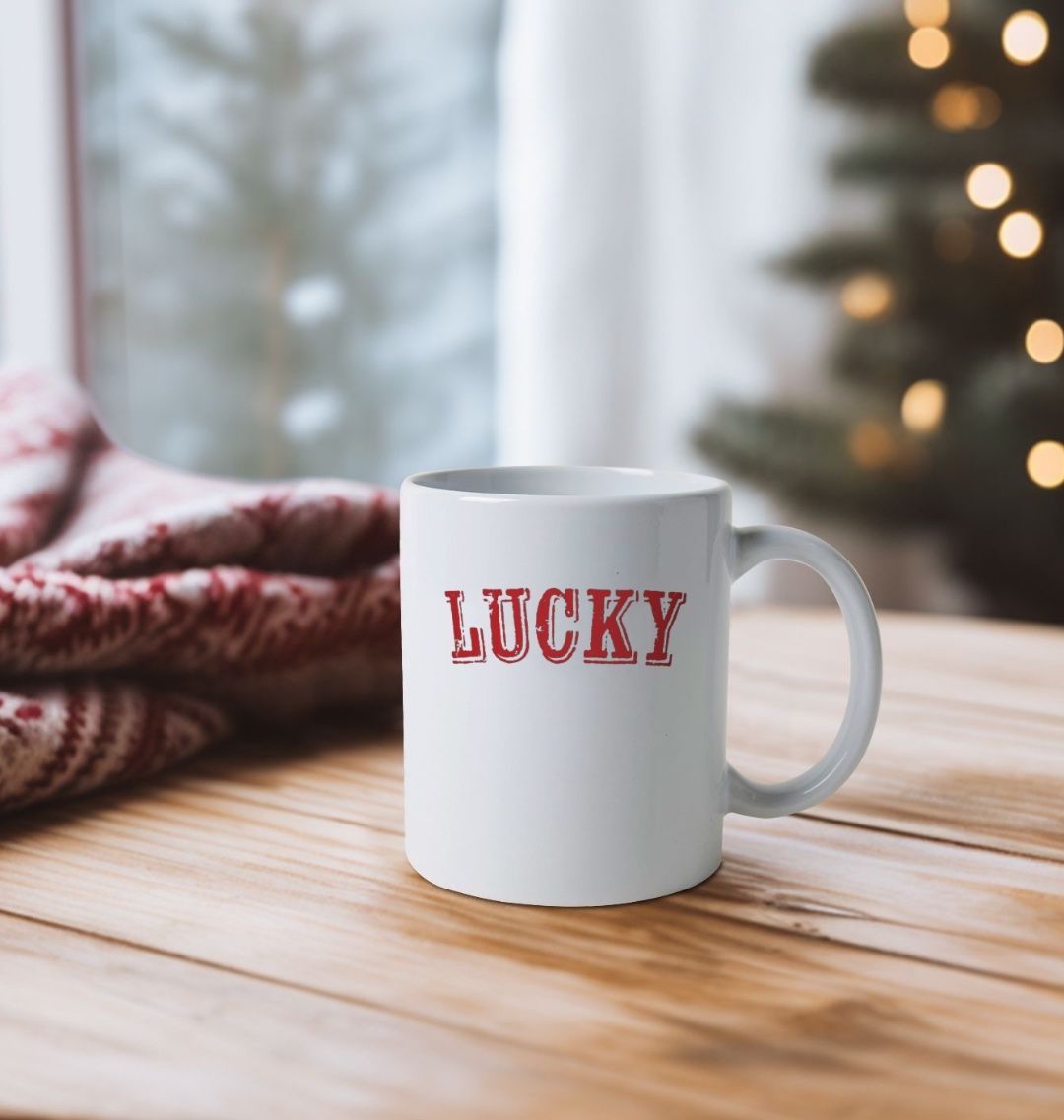 BE LUCKY MUG IN CORNELL UNIVERSITY RED
