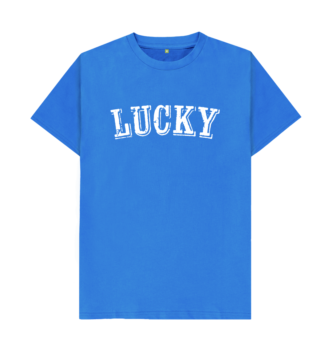 Bright Blue BE LUCKY MENS T-SHIRT WITH WHITE LOG