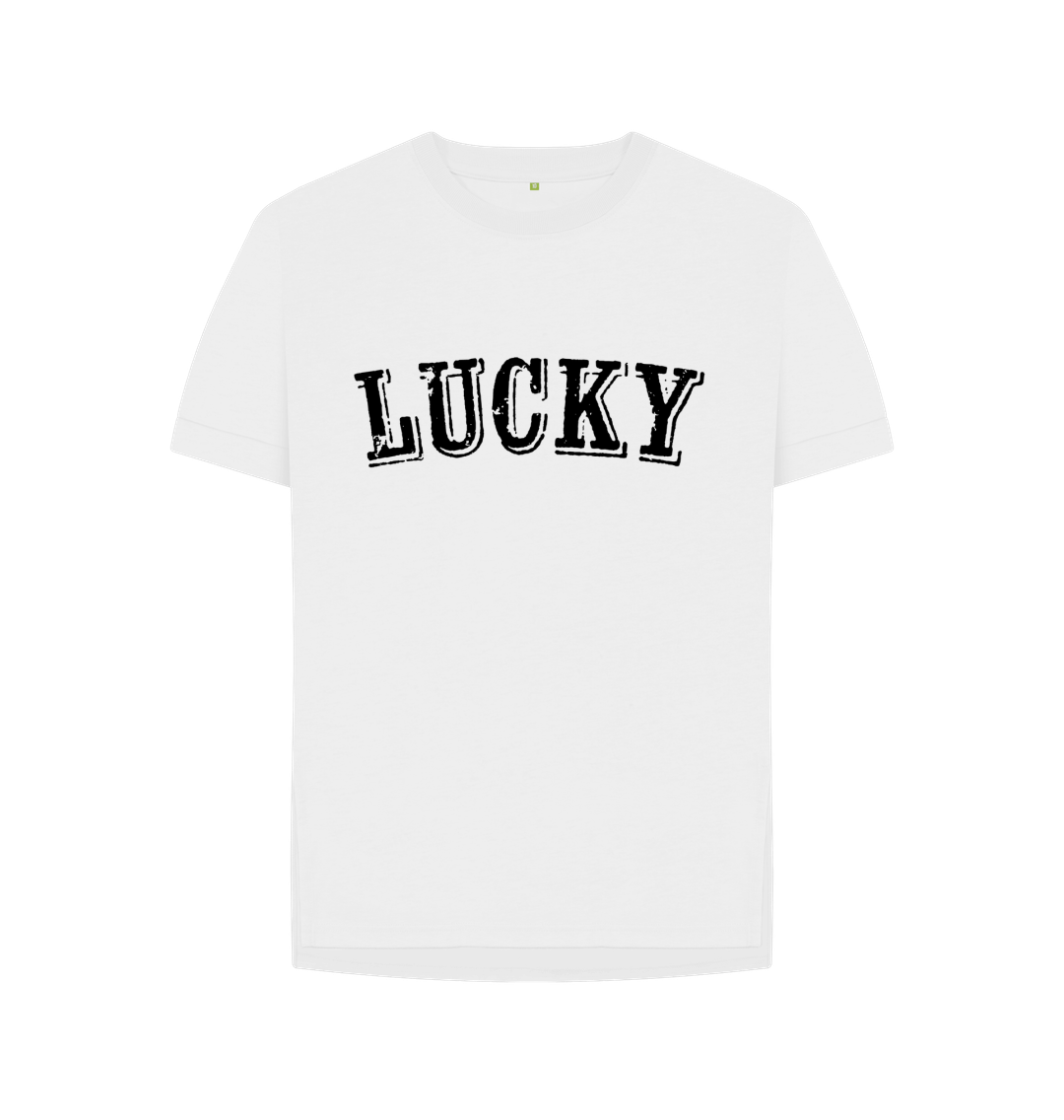 White BE LUCKY T-SHIRT WITH BLACK LOGO - WOMENS RELAXED FIT
