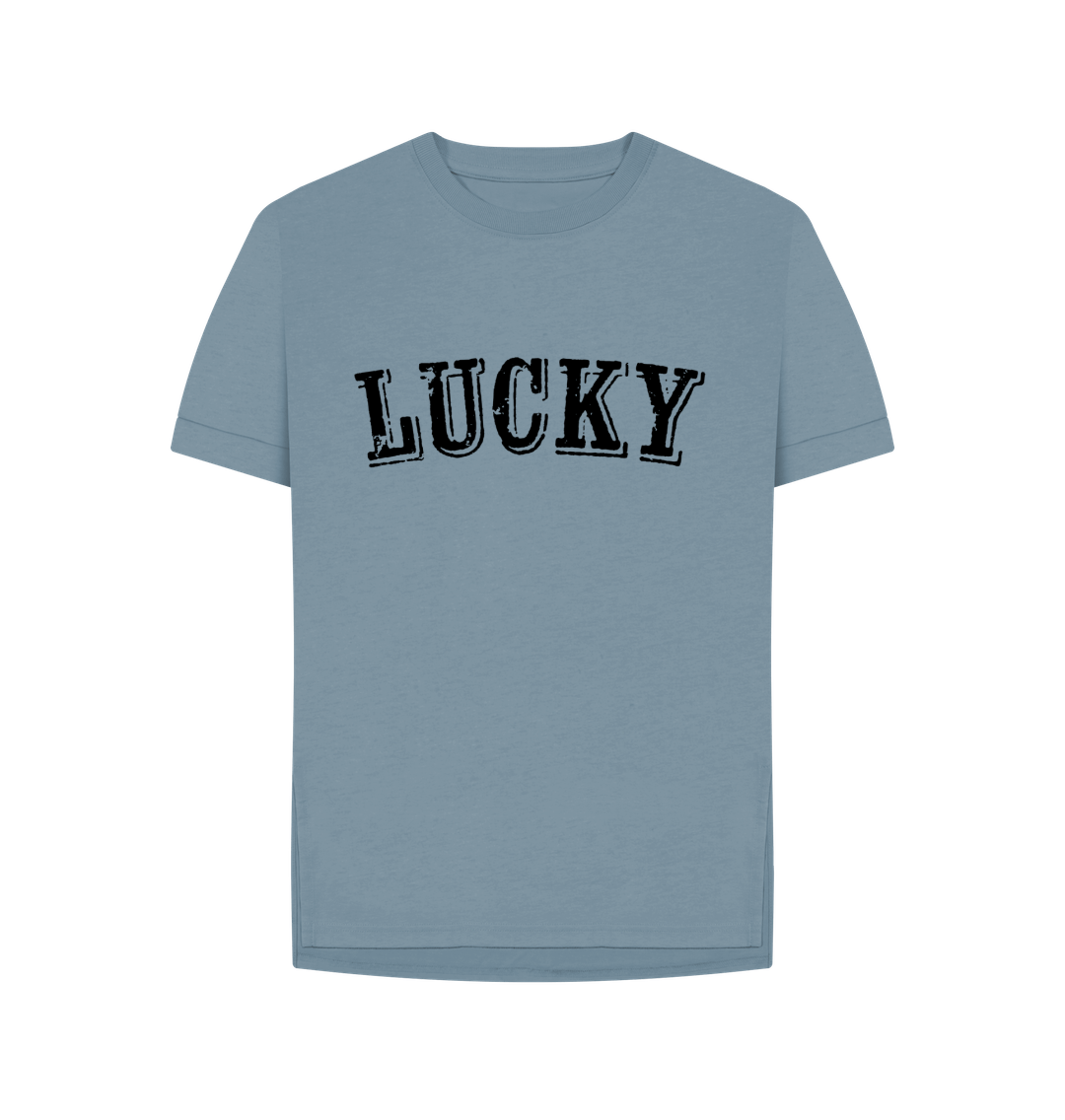 Stone Blue BE LUCKY T-SHIRT WITH BLACK LOGO - WOMENS RELAXED FIT